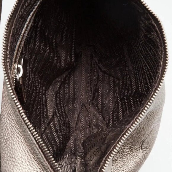 Prada Pewter Vitello Daino Leather Zip Top Hobo Bag - Picture 7 of 12